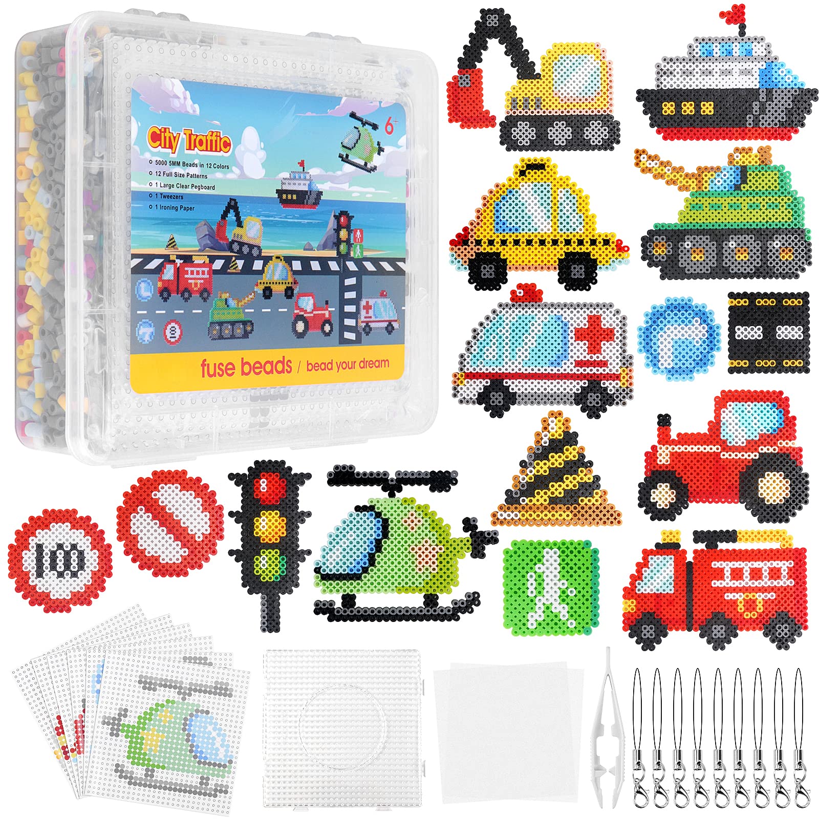 Homgaty Fuse Beads Pegboards, Clear Animal Shape Plastic Beads Template Boards with 18 Pcs Colorful Cards for Kids Craft Beads (Transportation) (HomagtyGA161-UK)