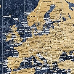 HolyCowCanvas Gold & Navy World Travel Map with