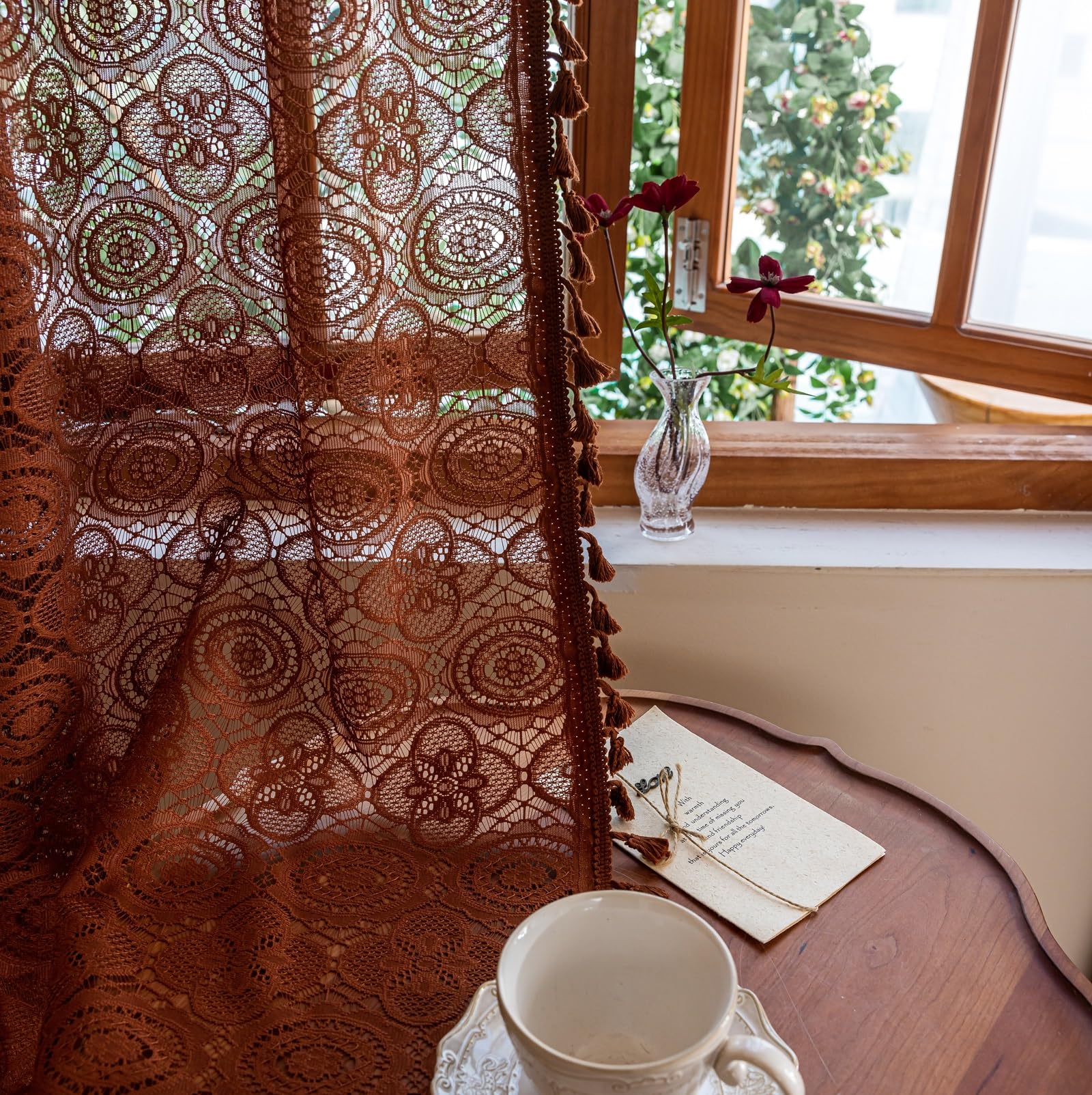 Photo 1 of YJ YANJUN Caramel Brown Sheer Curtains 72 Inches Long 2 Panel Shabby Chic Floral Lace Curtain Panels with Tassel Bohemian Curtains for Living Room/Bedroom/Patio Door/Sliding Door W59 x L72 Tan Brown