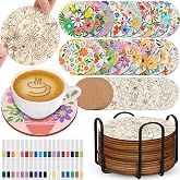 Reallnaive 77 Pcs Wooden Coasters Paint Kit, Flower | 4 Inch Paint Your Own Coasters Bulk with Holder Markers, Group Art and Craft for Adults Seniors Women