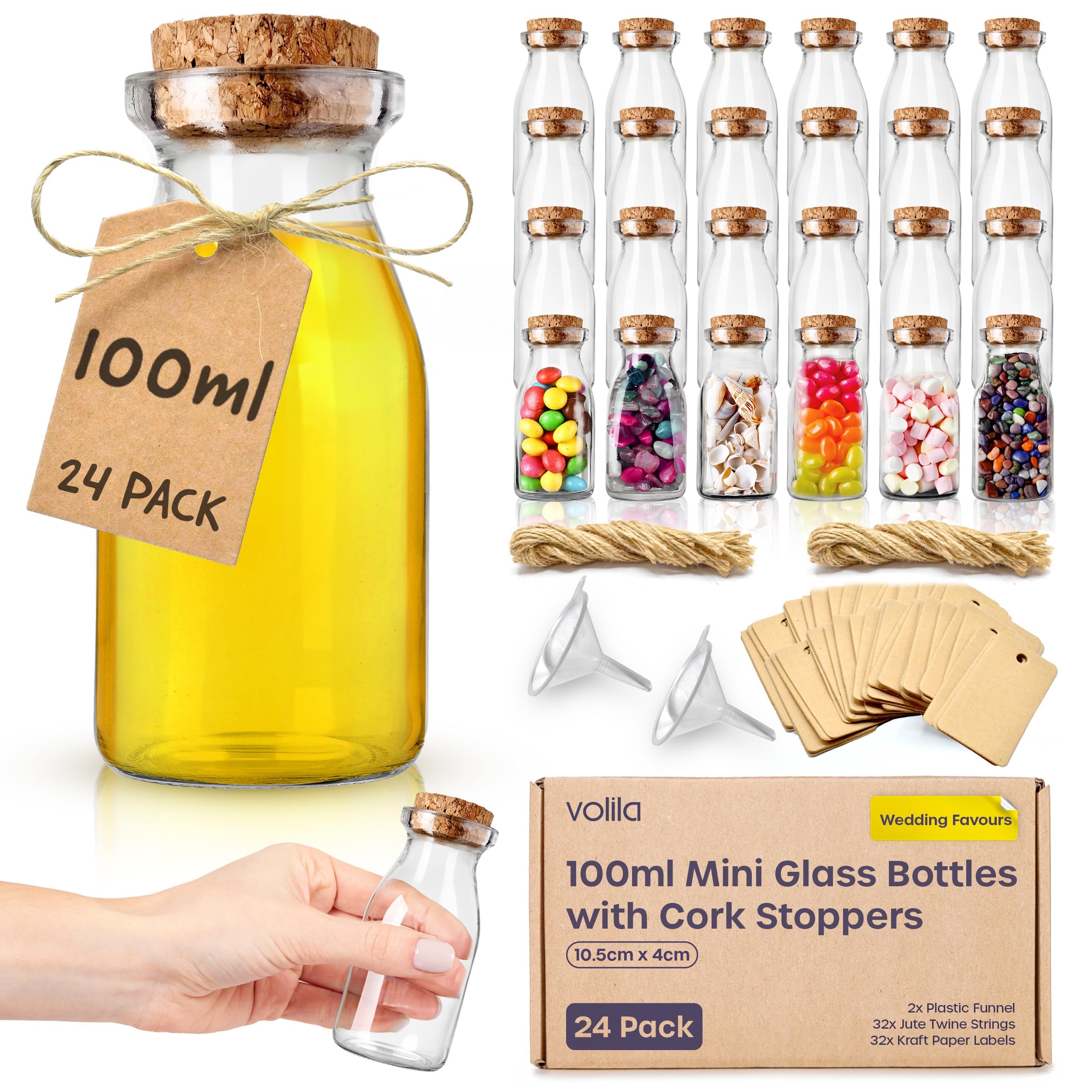 volila 100ml Glass Bottles - 24 Pack Glass Jars with Cork Lids for Milk, Yoghurt, Spices or Jam - Small Glass Jars for Party Giveaways, Wedding Favours, DIY Projects or Spice Storage
