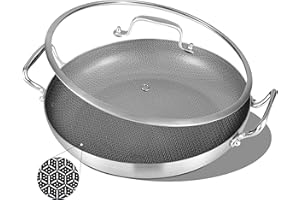 Inqibee 13-Inch New Hybrid Tri-Ply Stainless Steel Non Stick Paella Pan with Lid,Omelet Pan,Large Skillet,Induction Cooking P