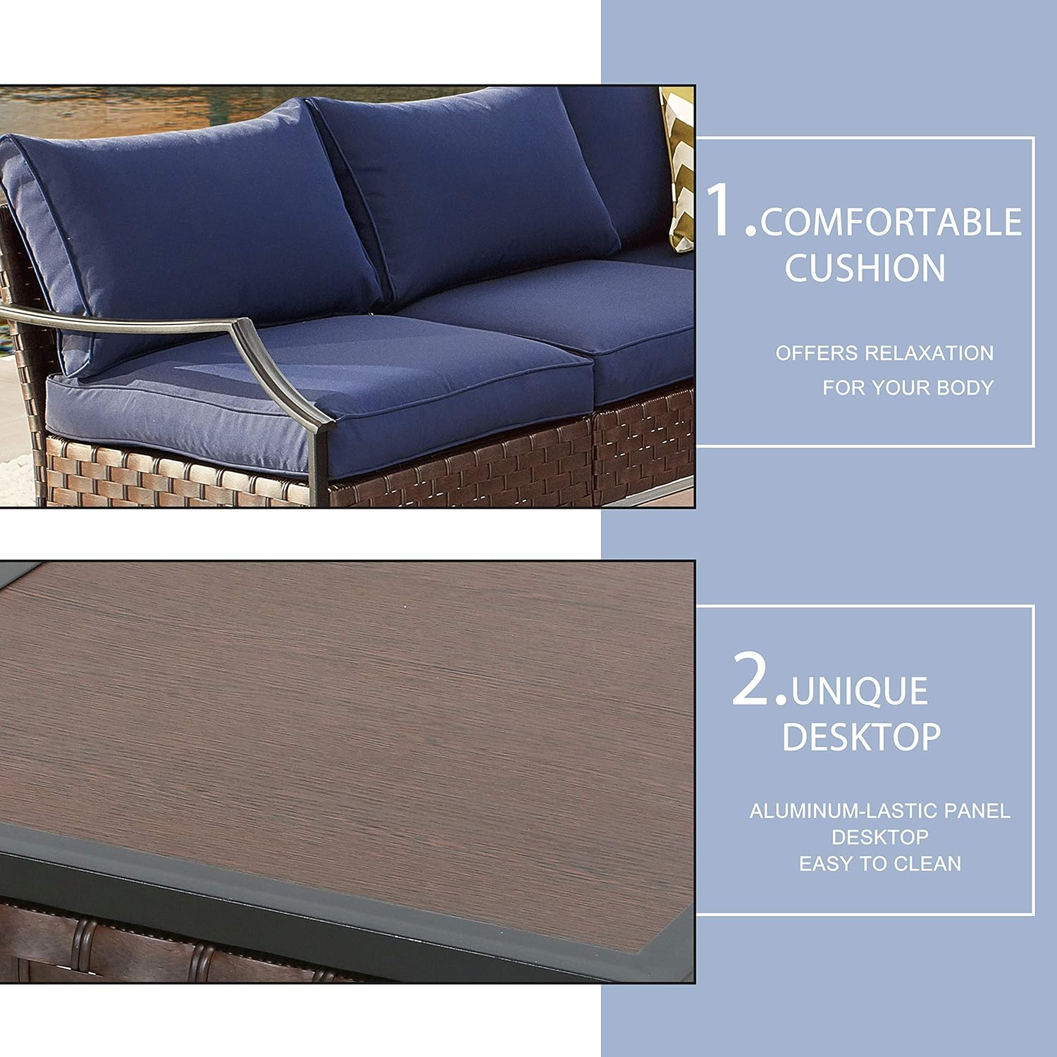 LOKATSE HOME Sectional Conversation Sofa 6 Pcs Outdoor Patio Rattan Furniture Set All-Weather Wicker Metal Frame Chairs with Cushion & Coffee Table, Blue: Garden & Outdoor
