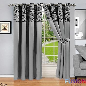 Ring Top Fully Lined Pair Eyelet Ready Curtains Luxury Damask
