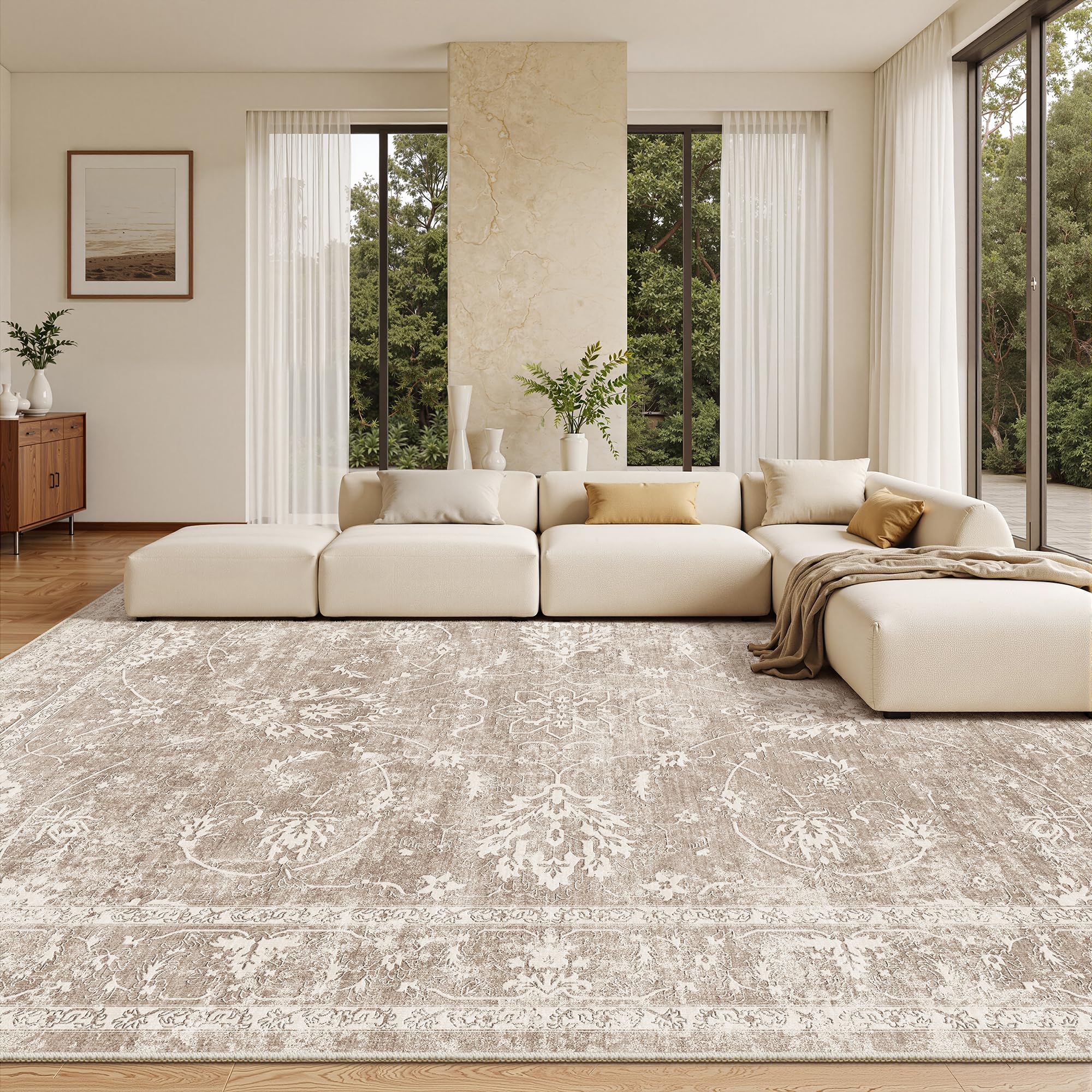 Madane Living Room 10x14 Area Rugs, Washable Low Pile Non-Slip Stain Resistant Extra Large Thin Rug, Vintage Soft Throw Carpet for Dining Room Bedroom Farmhouse Home Office Decor (10 x 14, Brown/Sand) Image