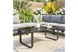 Outsunny Outdoor Patio Coffee Table, Rectangle Metal Side Table with Tempered Glass Tabletop, Adjustable Foot Pads for Deck, 