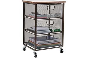 Mind Reader 3-Drawer Rolling Storage Cart, Office Organizer with Wood Top, Multipurpose Portable Cabinet with Wheels, Metal Mesh, Black
