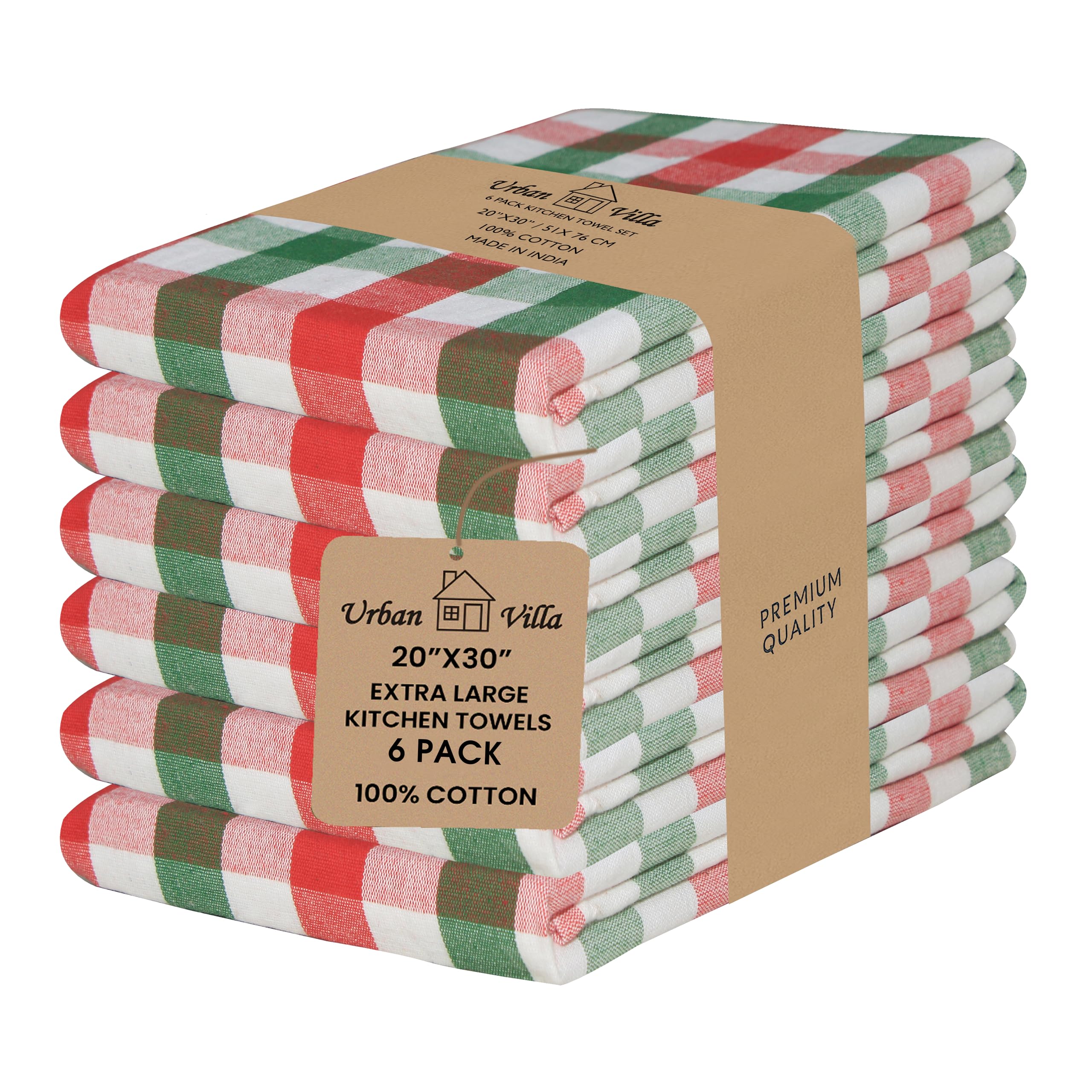 Urban Villa Christmas Kitchen Towels 100% Cotton Dish Towels for Kitchen (Set of 6) 20”x30” Dish Cloths Absorbent Kitchen Linen Set with Hanging Loop Perfect for Drying Dishes Cleaning – X MAS Checks