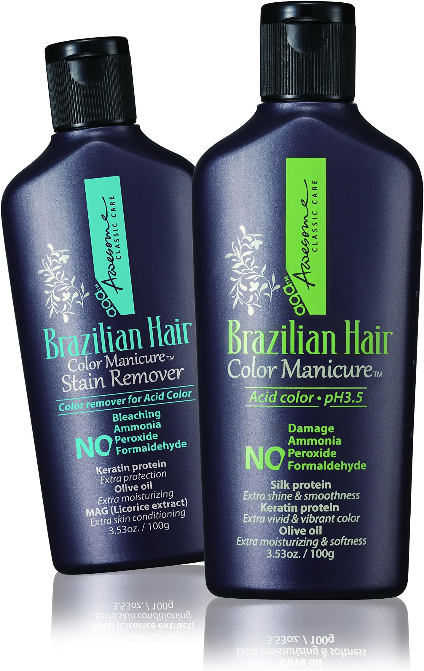 Awesome Brazilian Hair Color Manicure with Free Stain Remover - Acid Color pH3.5, No Damage, No Ammonia, No Peroxide, No Formaldehyde, Keratin Protein, 3.53 Oz. (Pack of 2) (Clear)