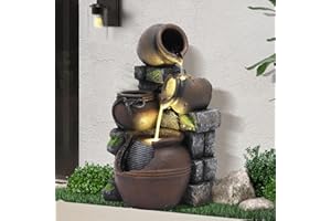 Dephet Outdoor Cascading Rock Water Fountain, 4-Tiers Fountains and Waterfalls with LED Lights, Indoor Freestanding Resin Wat