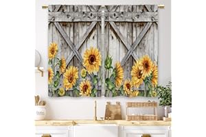Laifzere Farmhouse Wooden Sunflower Barn Kitchen Curtains Country Flower Wood Small Short Cafe Window Curtains Rustic Floral Western Bathroom Drapes Treatment Tier Curtains 2 Panels (27.5x39 Inch)
