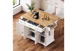 Merax 54" Large Kitchen Island with Rubber Wood Drop Leaf, Embossed Texture Rolling Kitchen Cart on 4 Wheels with 4 Doors and
