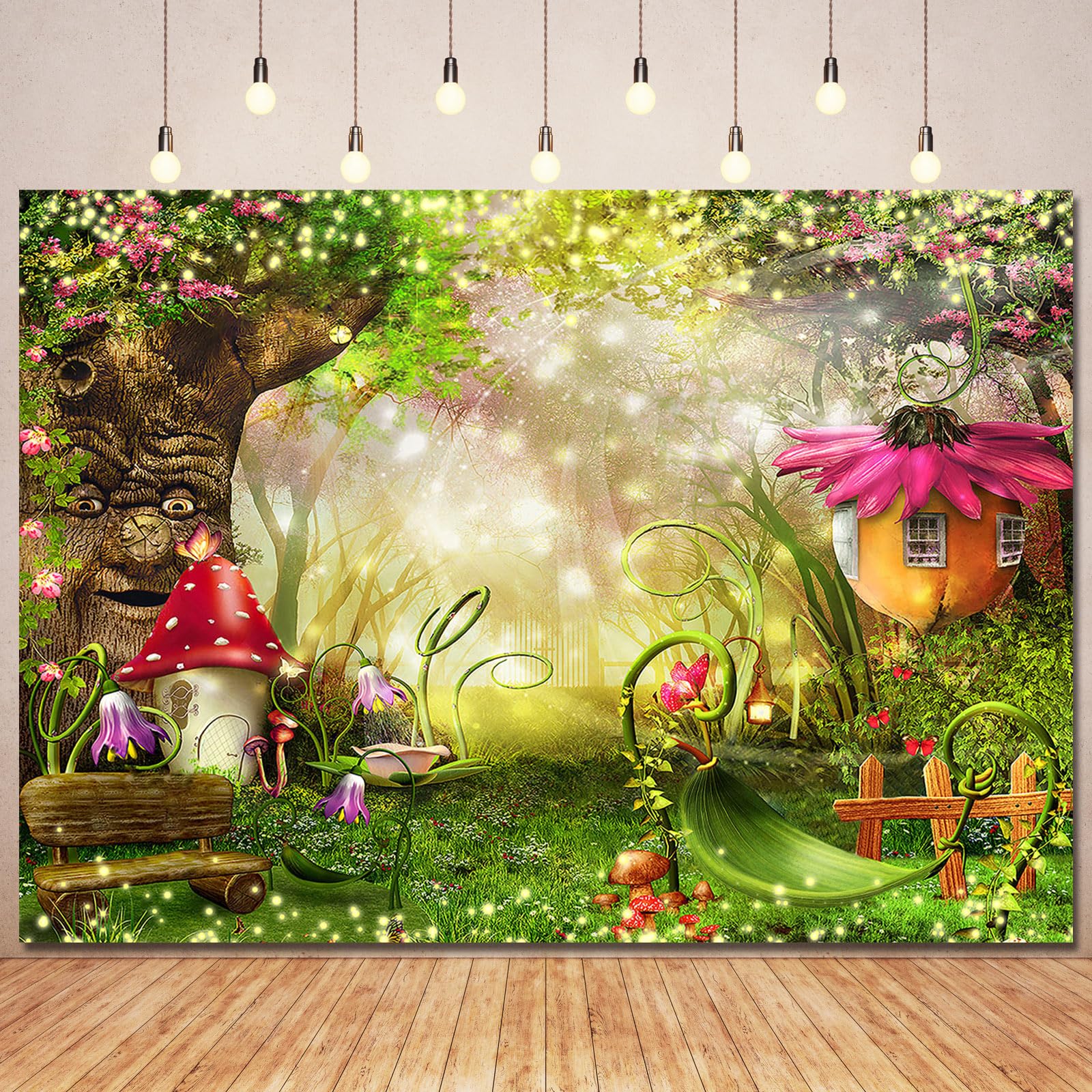 Photo 1 of Enchanted Forest Backdrop Banner Fairy Birthday Decorations,Spring Fairytale Garden Wonderland Woodland Photography Background Princess Girls Wedding Baby Shower Bday Party Decor Photoshoot Prop 7x5ft