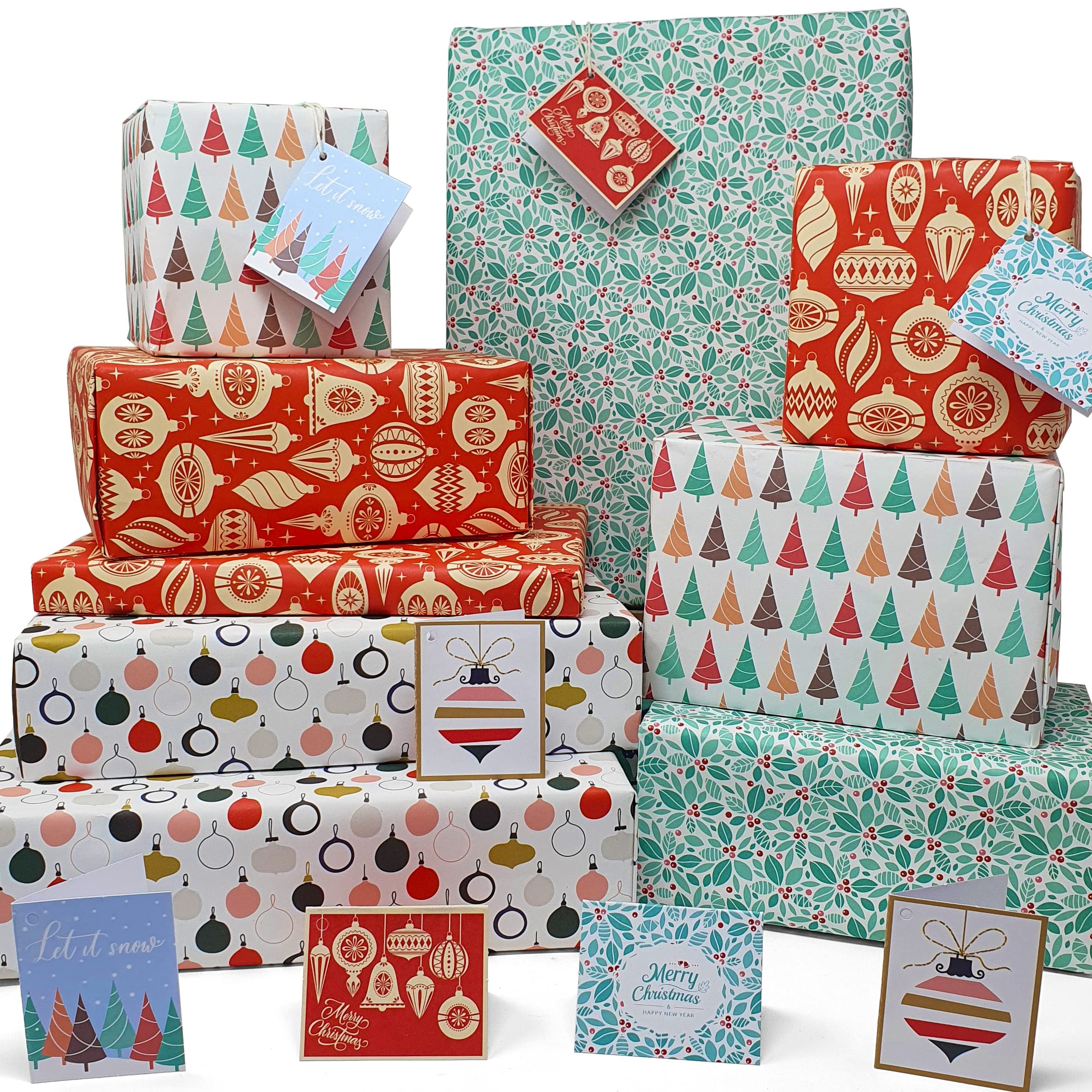 Luxury Eco Xmas Gift Wrap Set with Tags - 8 Sheets & 8 Cards - 100% Recycled & Recyclable Wrapping Paper - Red Ornaments | Green Holly | Scandi Trees | Baubles (Classic Christmas)