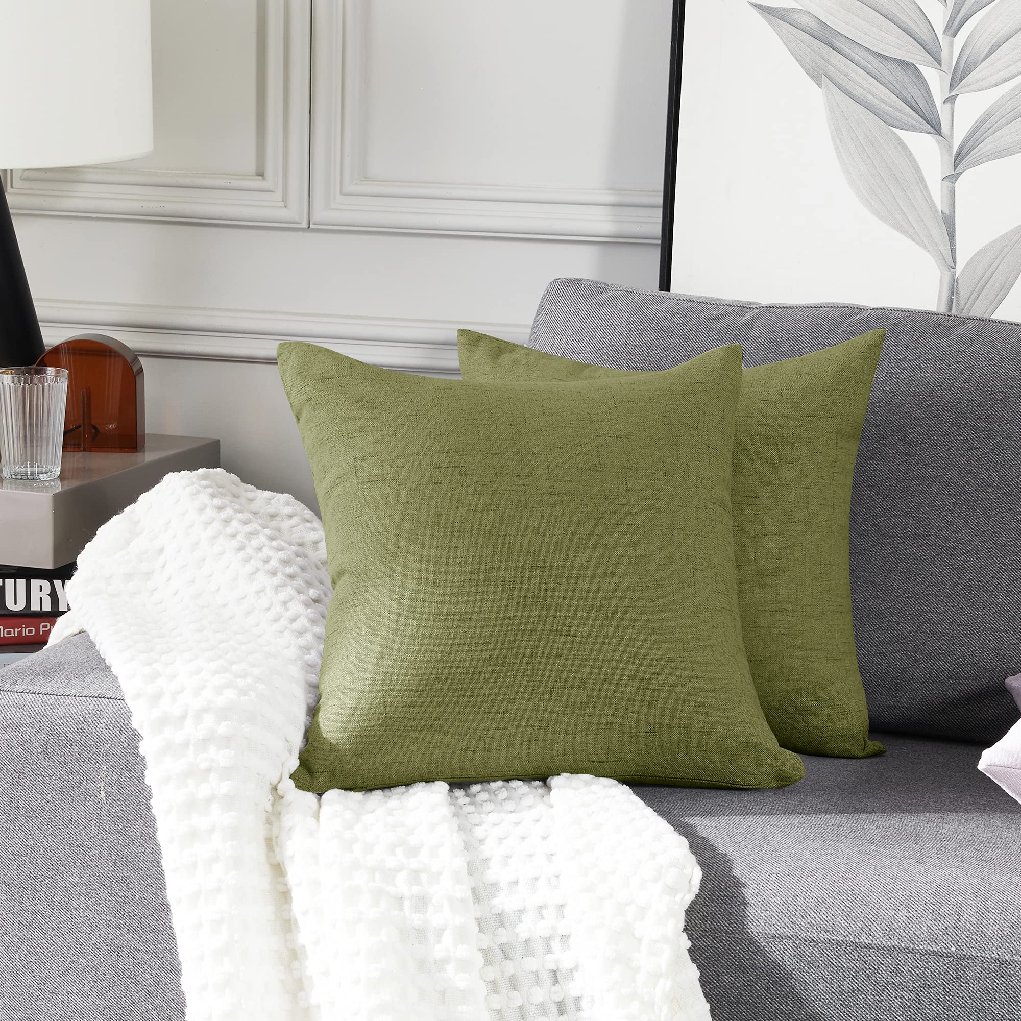 Deconovo Square Cushion Covers Green, Faux Linen Texture Throw Pillow Cases Pillowcases for Sofa with Invisible Zipper, 18x18 Inch, set of 2, Spinach Green