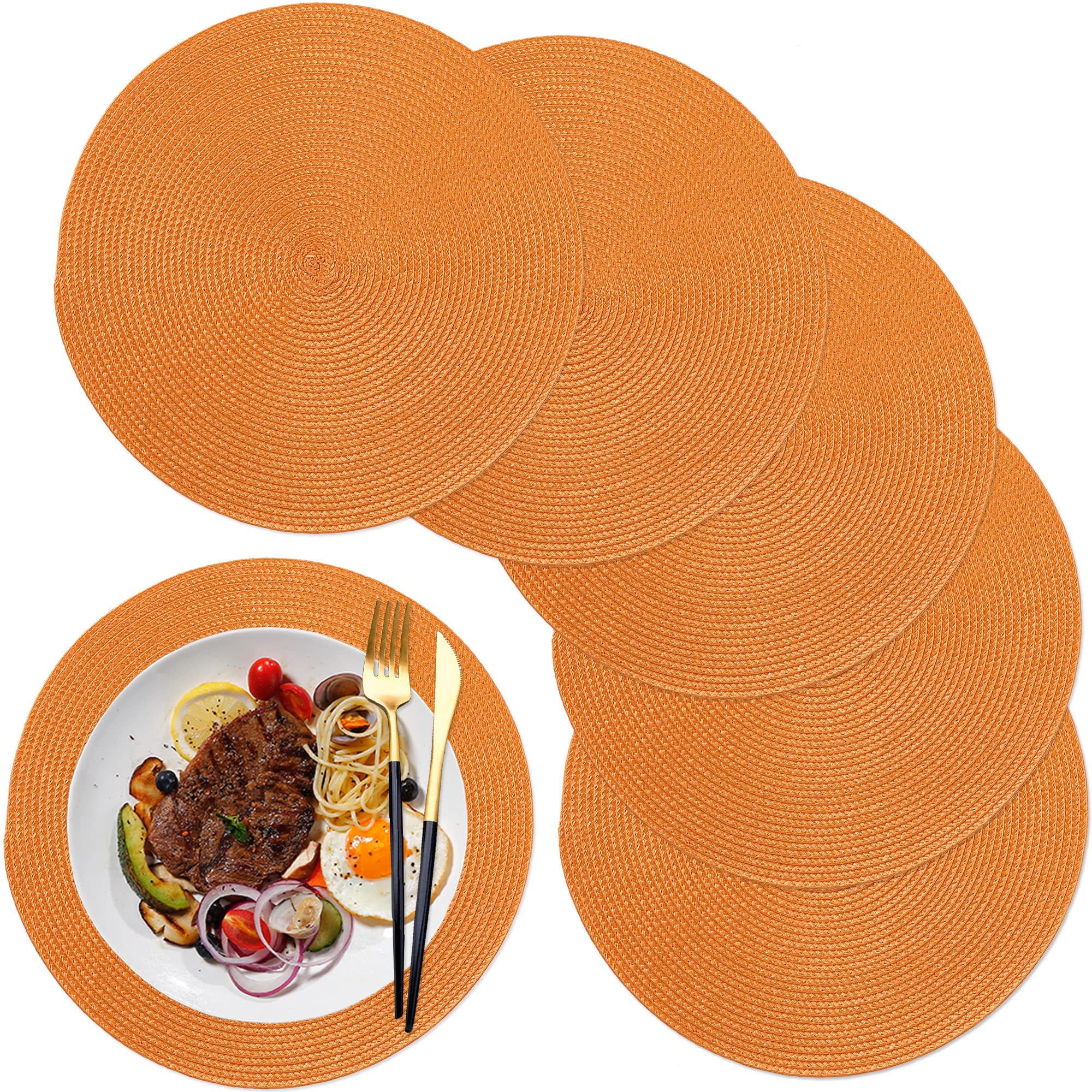 Placemats 12.6 Inch Place Mats Round Placemats sets 6 for Dining Table Washable Heat Resistant Table Mats for Kitchen Table Orange