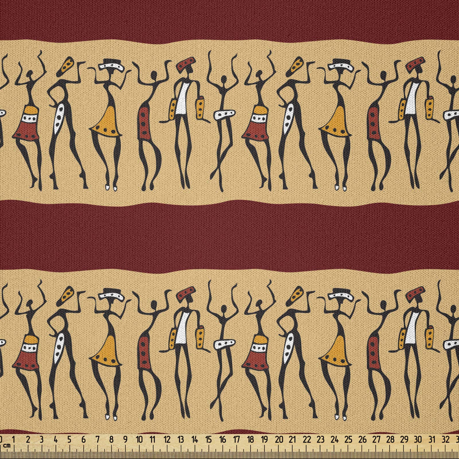 ABAKUHAUS African Fabric by the Yard, Native Indigenous People Different Poses Culture Borders, Microfiber Fabric for Arts and Crafts Textiles Decor, 2M (230x200cm), Ruby Peach Black