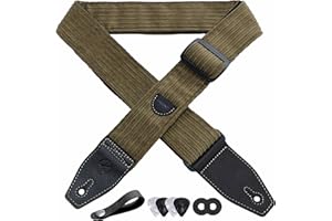 YIKOKO Guitar Strap, 2" Corduroy Full Grain Leather End Guitar Straps for Bass, Electric and Acoustic Guitars, Free Strap Button, 1 Pair of Strap Locks and 4 Guitar Picks - Vintage Olive Green