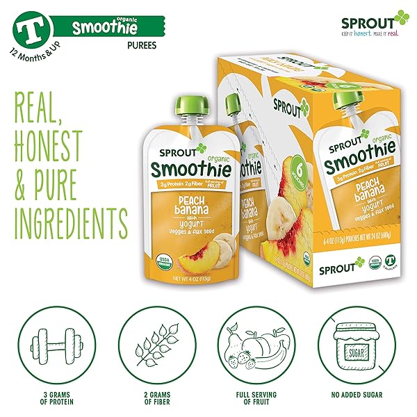 SPROUT ORGANIC TODDLER SMOOTHIE, PEACH BANANA W/ YOGURT, 4 OUNCE POUCH (PACK OF 6)