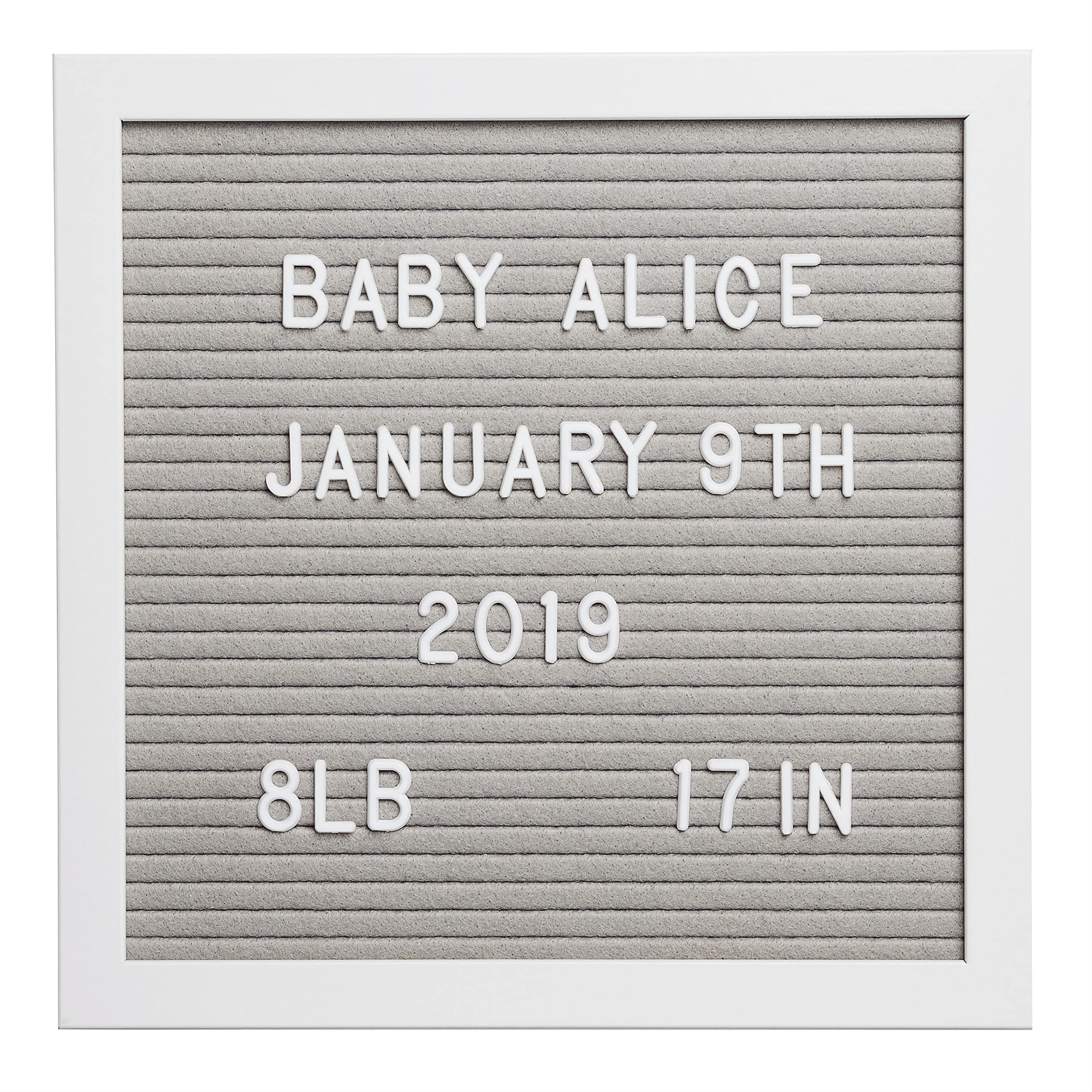 Pearhead Classic Wooden Felt Letterboard, Gender-Neutral Baby Keepsake Nursery Décor, Soft Photo Prop Message Board, Grey and White