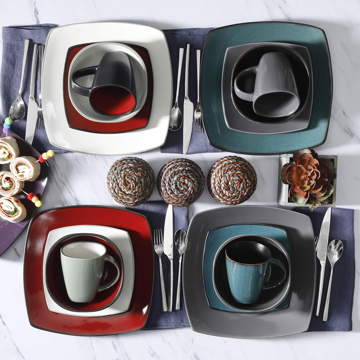 Gibson Soho Lounge 16-Piece Square Reactive Glaze Dinnerware Set, Red: Kitchen & Dining