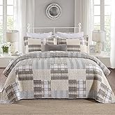 DUOHONG Quilts Queen Size - Queen Quilted Bedspread Sets, 100% Cotton Patchwork Quilt Bedding Set for Queen Bed, 3 Pieces Plaid Farmhouse Reversible Rustic Lightweight Comforter