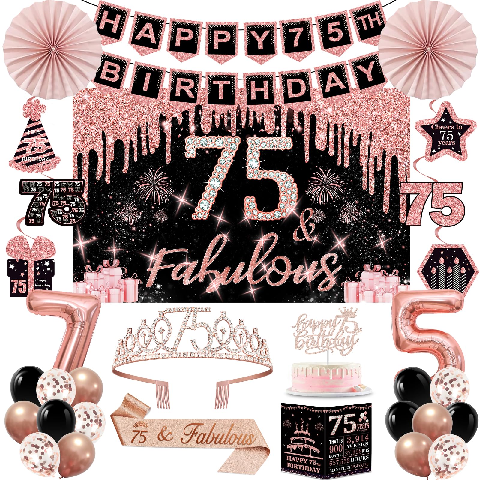 Photo 1 of 75th Birthday Decorations for Women,32PCS 75th Birthday Party Decorations,Including Backdrop, Crown, Sash, banner, Hanging Swirl,Cake Topper,balloons,Paper Fans,Anniversary Card and paper fans