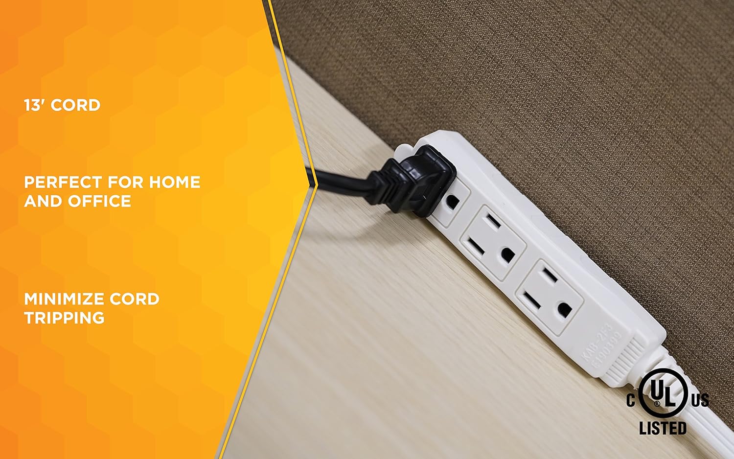 SlimLine 2232 Angled Flat Plug Extension Cord, Space Saving Flat Design, 3 Grounded Outlets, 13-Foot, 13 Amps, 1625 Watts, 125 Volts, UL Listed, I deal For Powering House Hold Appliances, Lamps and Clocks, Neutral White Color - - 