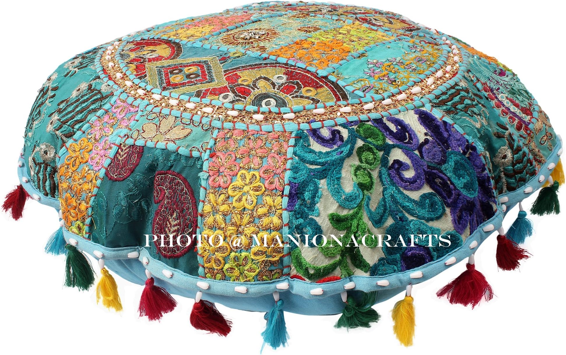 Maniona Crafts - 32" Turquoise Decorative Patchwork Seating Throw Cover Indian Floor Pillow Cushion Bohemian Seating Pillow