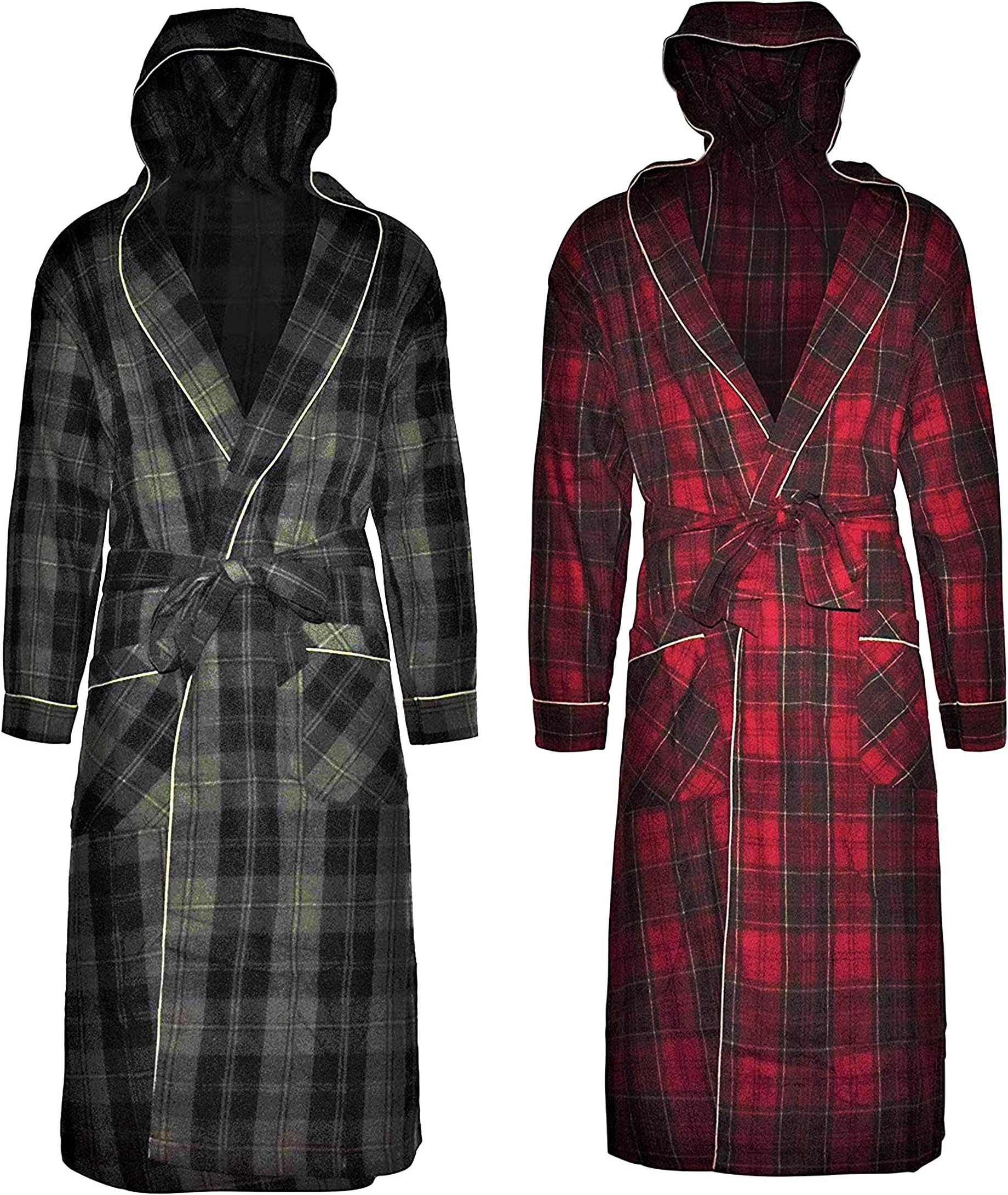 Andrew Scott Mens 2 Pack Long Robe / 100% Cotton Flannel Brush Warm Hooded Bathrobe