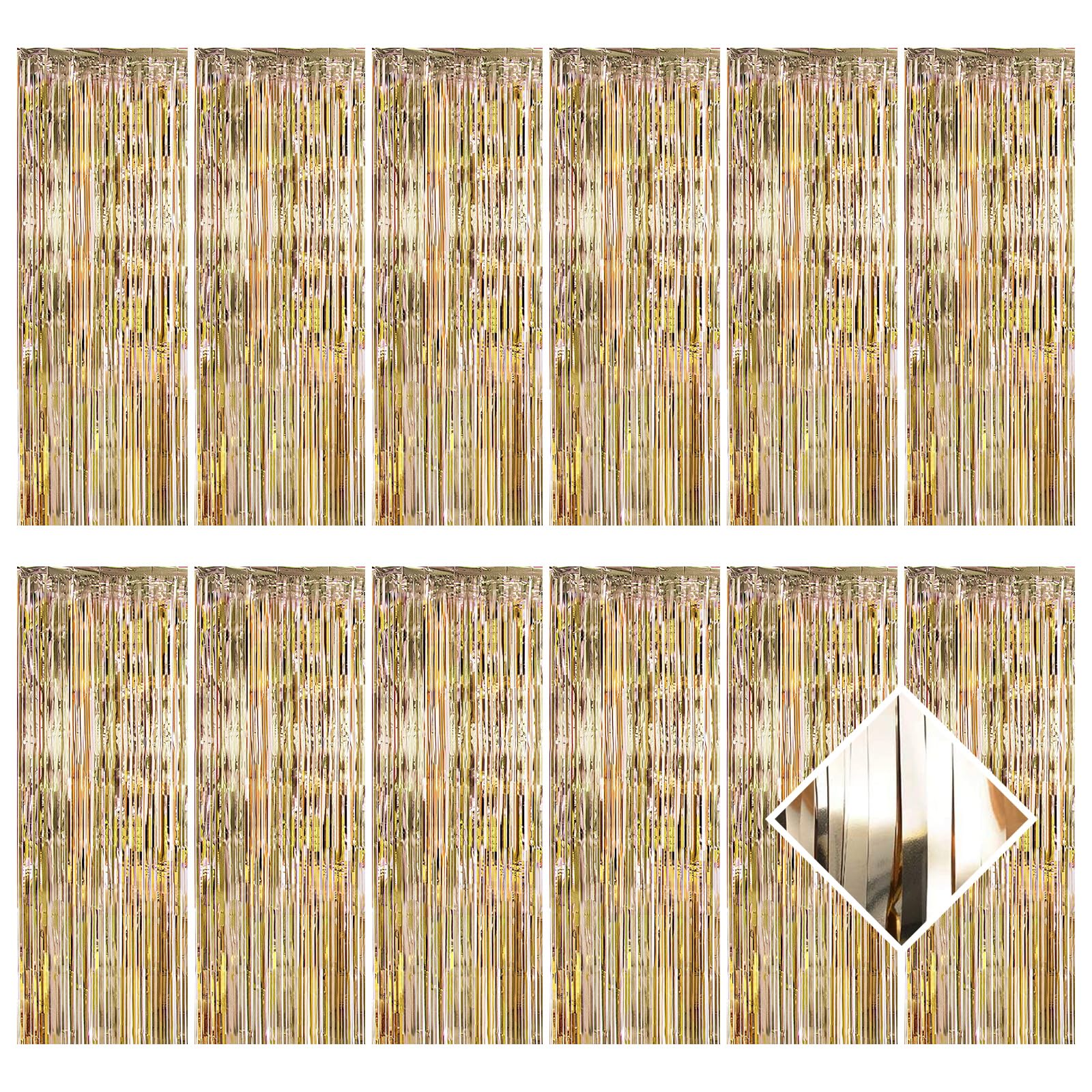 Photo 1 of 12 Pack Champagne Gold Foil Curtain Backdrop 3.2ft x 6.6ft Metallic Tinsel Fringe Backdrop Curtains Streamer Photo Booth for Birthday Engagement Bachelorette Christmas Holiday Party Décor