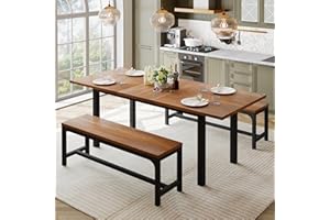 Feonase 63" Extendable Dining Room Table Set for 4, Modern Dining Table with 2 Benches, 3 Pcs Kitchen Table for Small Space, Easy Clean, Walnut