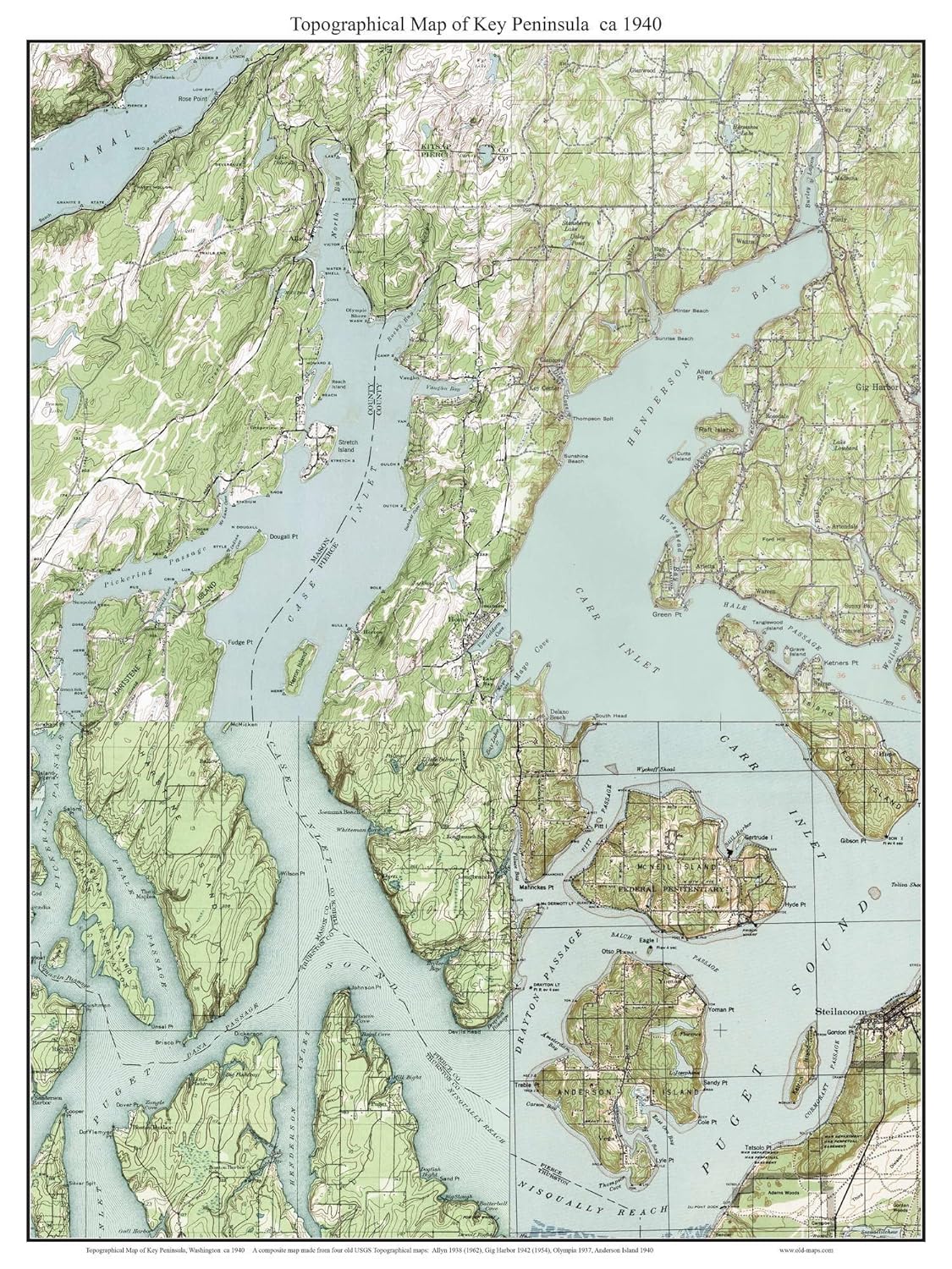 Key Peninsula ca. 1940 USGS Old Topographic Map Custom