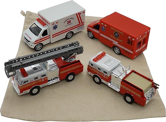 Set of 4 Toy Emergency 911 Vehicles with Pullback Action - Ambulance Fire Rescue - in Carry Storage Bag