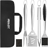 grilljoy 6PCS Heavy Duty BBQ Grill Tools Set with Extra Thick Stainless Steel Spatula, Fork, Tongs & Cleaning Brush - Complet
