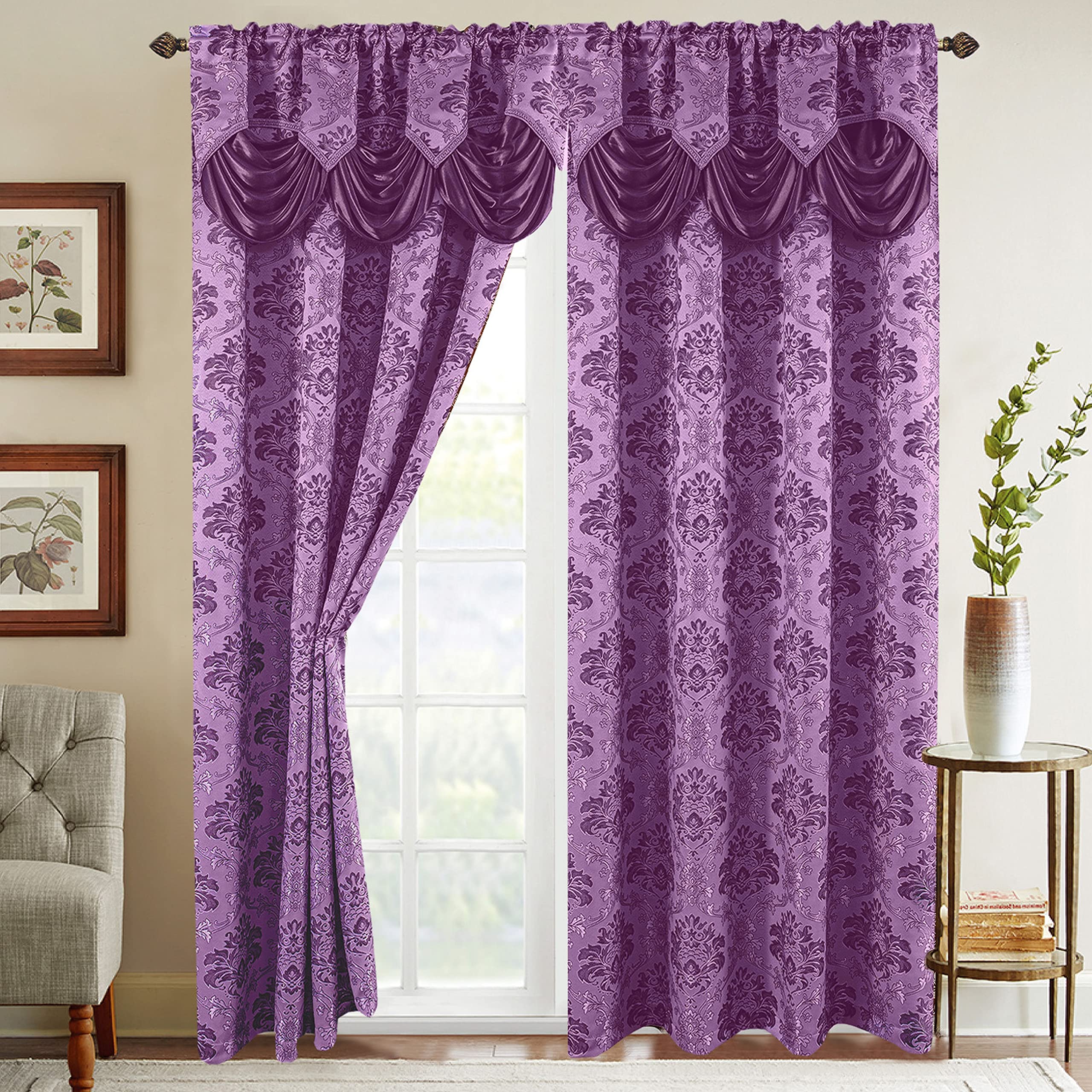 Elegant Comfort Jacquard Look Curtain Panel Set with Attached Waterfall Valance, (Set of 2), 54 x 84 Inches, Lilac/Purple