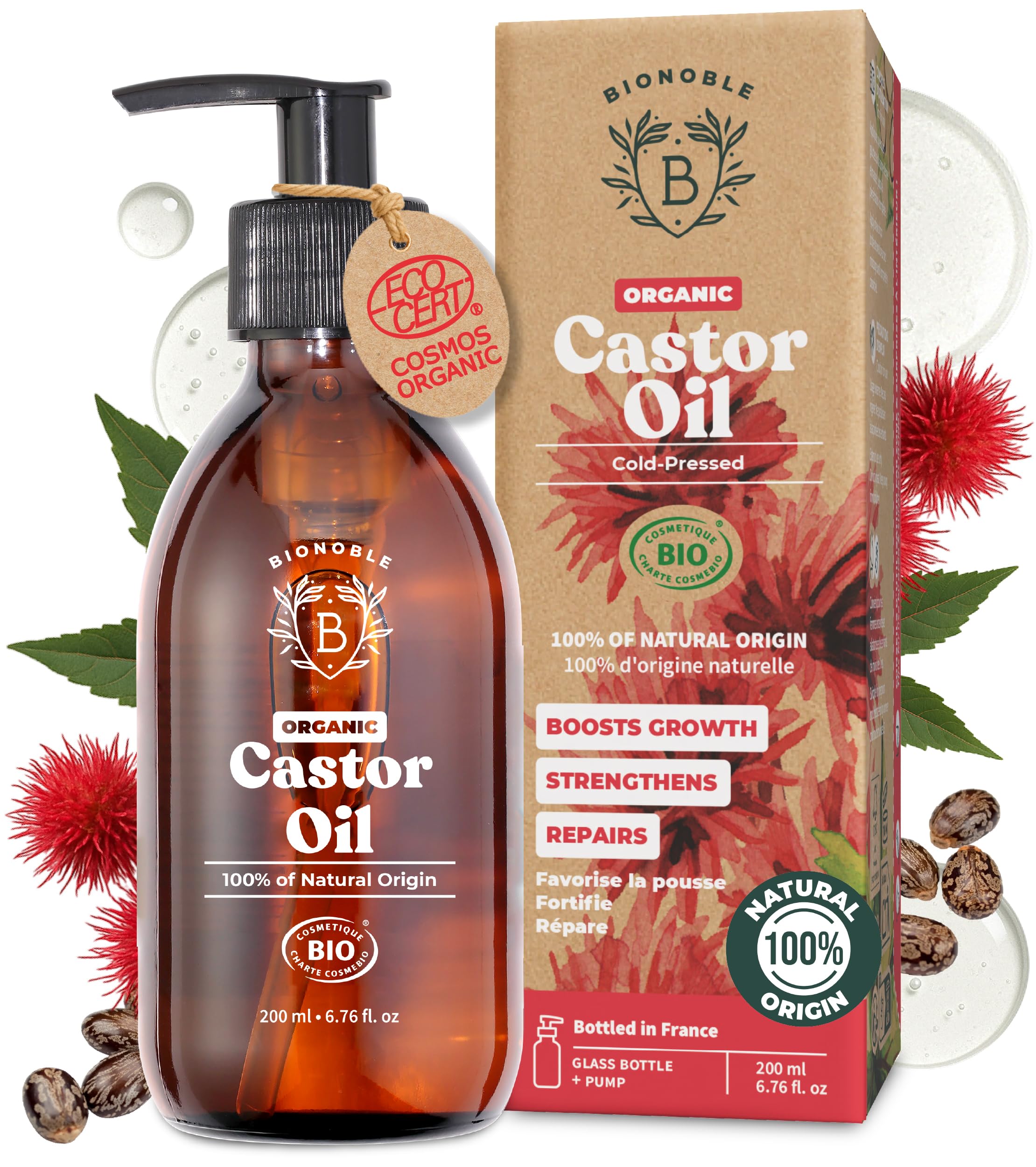 BIONOBLE Organic Castor Oil Cold Pressed - Hexane Free, 100% Natural - Pure Castor Oil Organic for Eyelashes, Hair Growth, Eyebrows, Skin, Face - Glass Bottle and Pump - 200ml