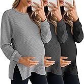 Sweetyweee 3 Pack Women's Maternity Shirts Long Sleeve Waffle Knit Side Split Oversized Tops Fall Tees Pregnancy Clothes(Light Gray, Dark Gray, Black,Small)