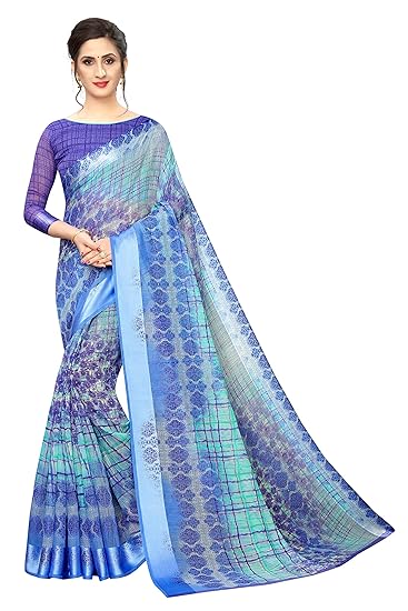 Womens Digital Linen Saree with Unstitched Blouse Piece (DigiAqua)