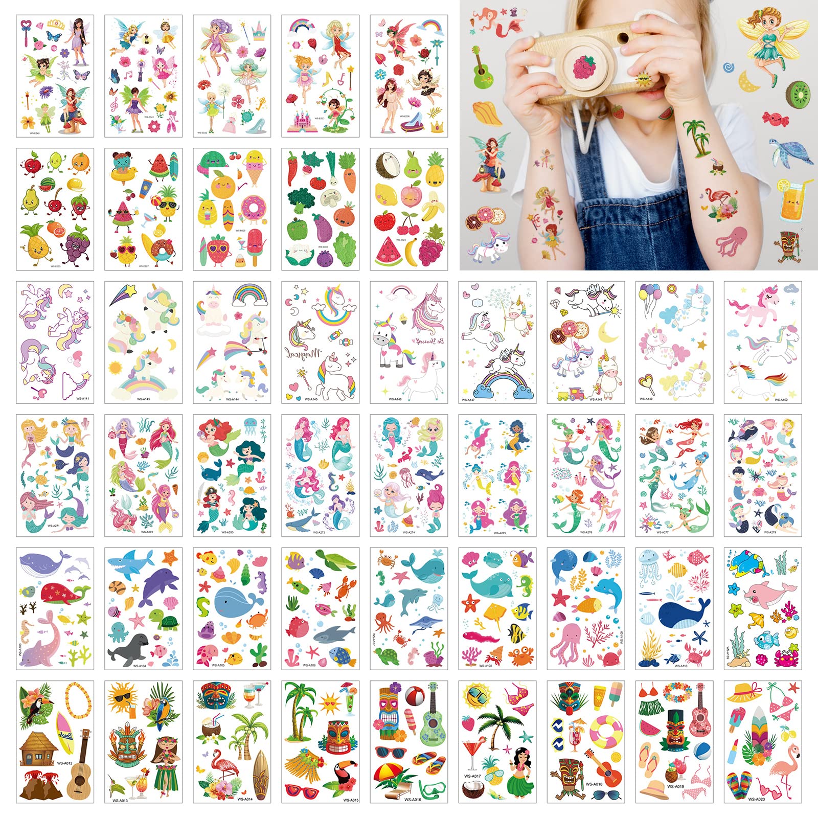 CAYUDEN Waterproof Kids Fake Tattoo Stickers - Mermaid Unicorn Glitter Tattoos Kit - Cartoon Temporary Tattoos for Boys & Girls - Party Supplies Bag Toys