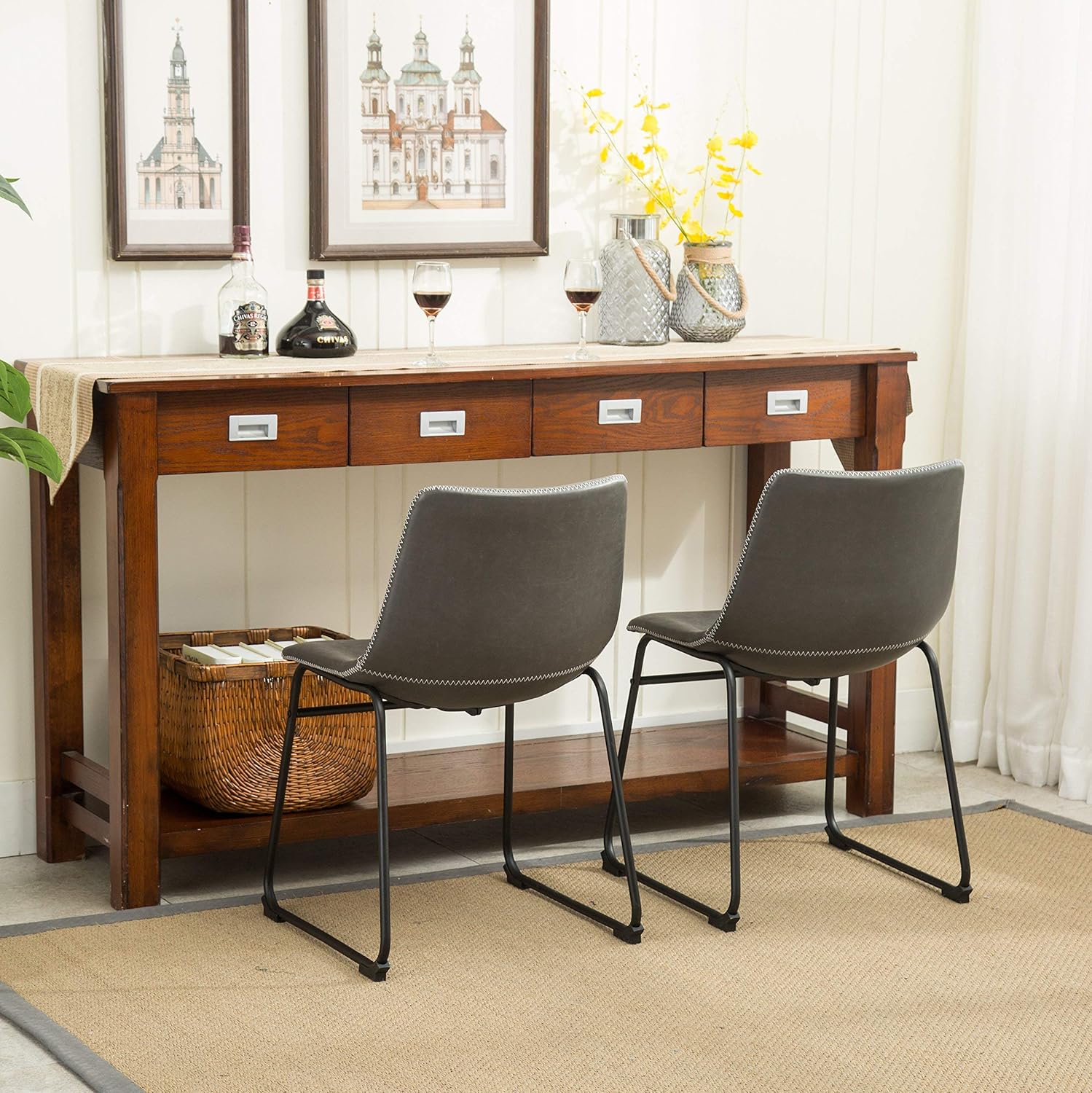 Roundhill Furniture Lotusville Vintage PU Leather Dining Chairs, Antique Gray, Set of 2: Furniture & Decor