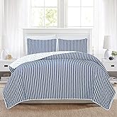 Market & Place 3 Piece Reversible Quilt Set with Shams | All-Season Soft & Lightweight Bedspread with Modern Striped Pattern | Nora Collection (King, White/Navy)