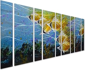 Pure Art Blue Tropical School of Fish Metal Wall Art, Giant Art in Modern Ocean Design, 9-Panels of 86"x 32", 3D Wall Art for Modern and Contemporary Decor, Metal Wall Decor Works Everywhere