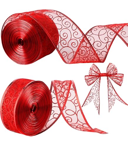 Ruban Mesh Métallisé Avec Fil Intégré – 2.5 Pouces X 10 Yards, Rouge Pailleté – Décoration