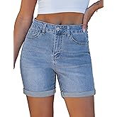 luvamia Jean Shorts for Women High Waisted Trendy Mid Thigh Long Cuffed Hem Stretchy Denim Shorts Casual Summer Jorts