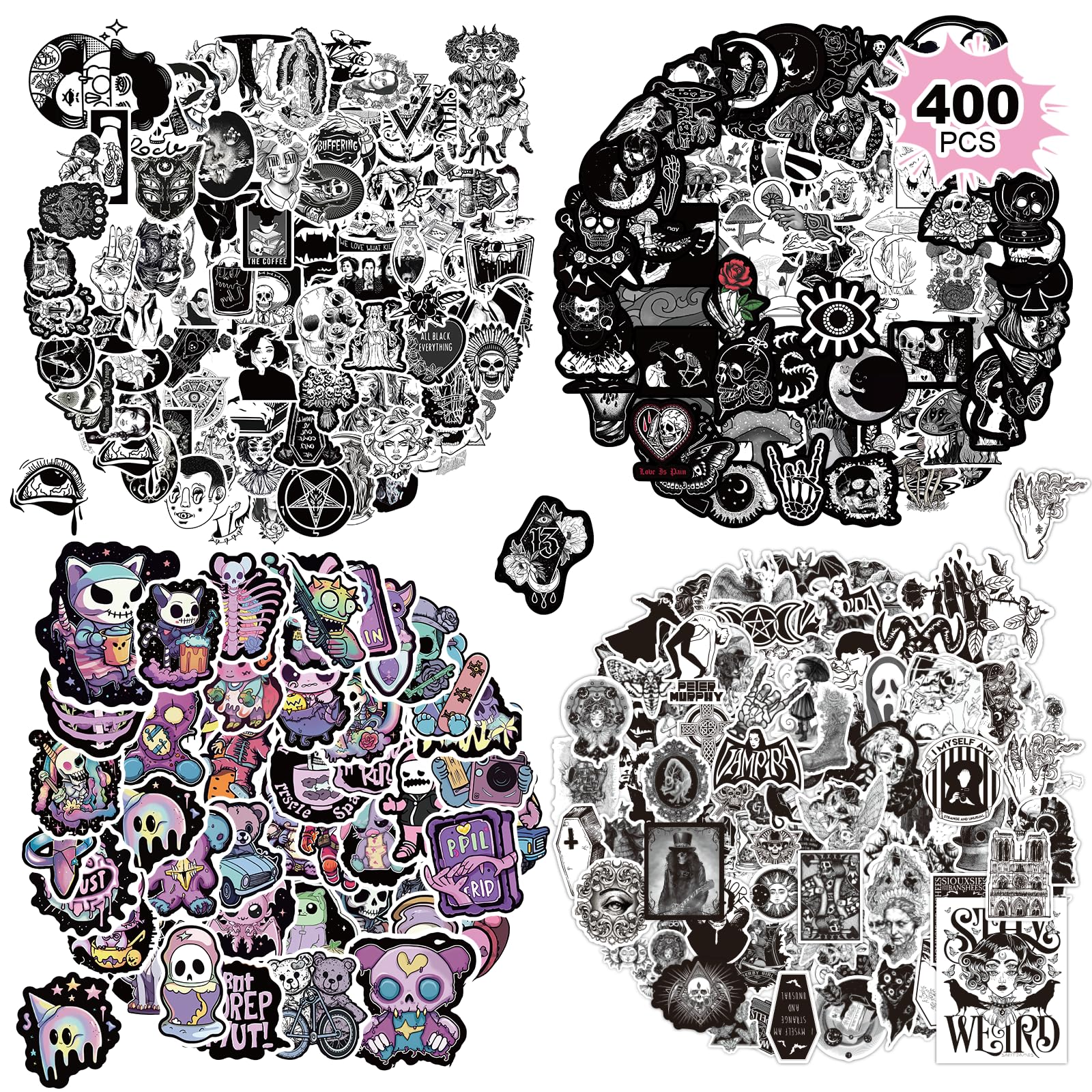 Photo 1 of 400 PCS Goth Stickers,Goth Accessories,Cool Gothic Bulk Stickers for Adults,Skull Stickers for Water Bottles,Laptops,Scrapbooks