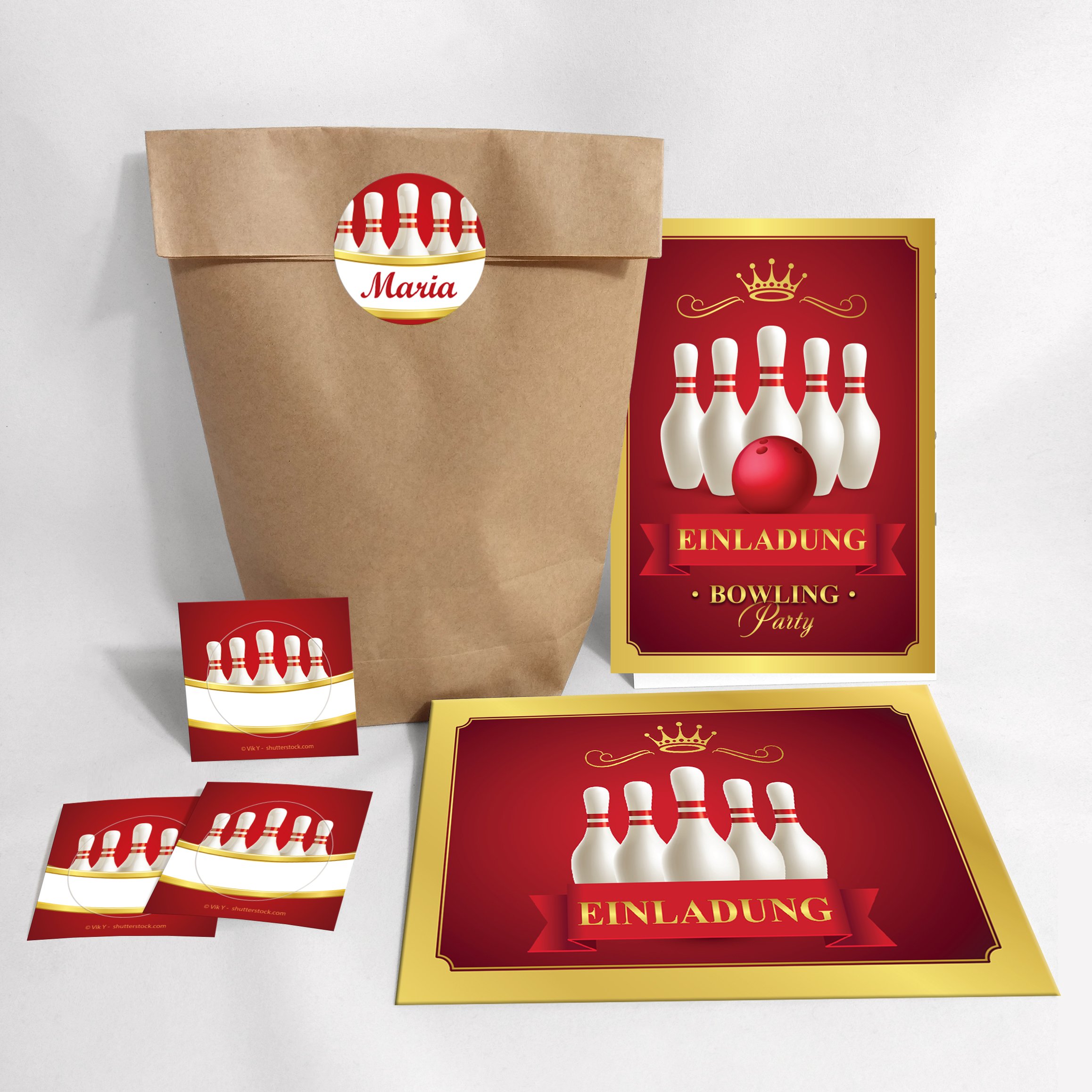 Set of 12 Invitation Cards, Envelopes, Bags, Stickers for Children's Birthday Party "Bowling" for Girls / Colourful Invitations (12 Cards + 12 Envelopes + 12 Bags (Cross Bottom Bag) + 12 Stickers)