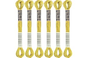 KRASTMON 6 Skeins Embroidery Thread, Metallic Gold Embroidery Floss Friendship Bracelet String, Polyester Cross-Stitch Threads for Hand Embroidery, String Art