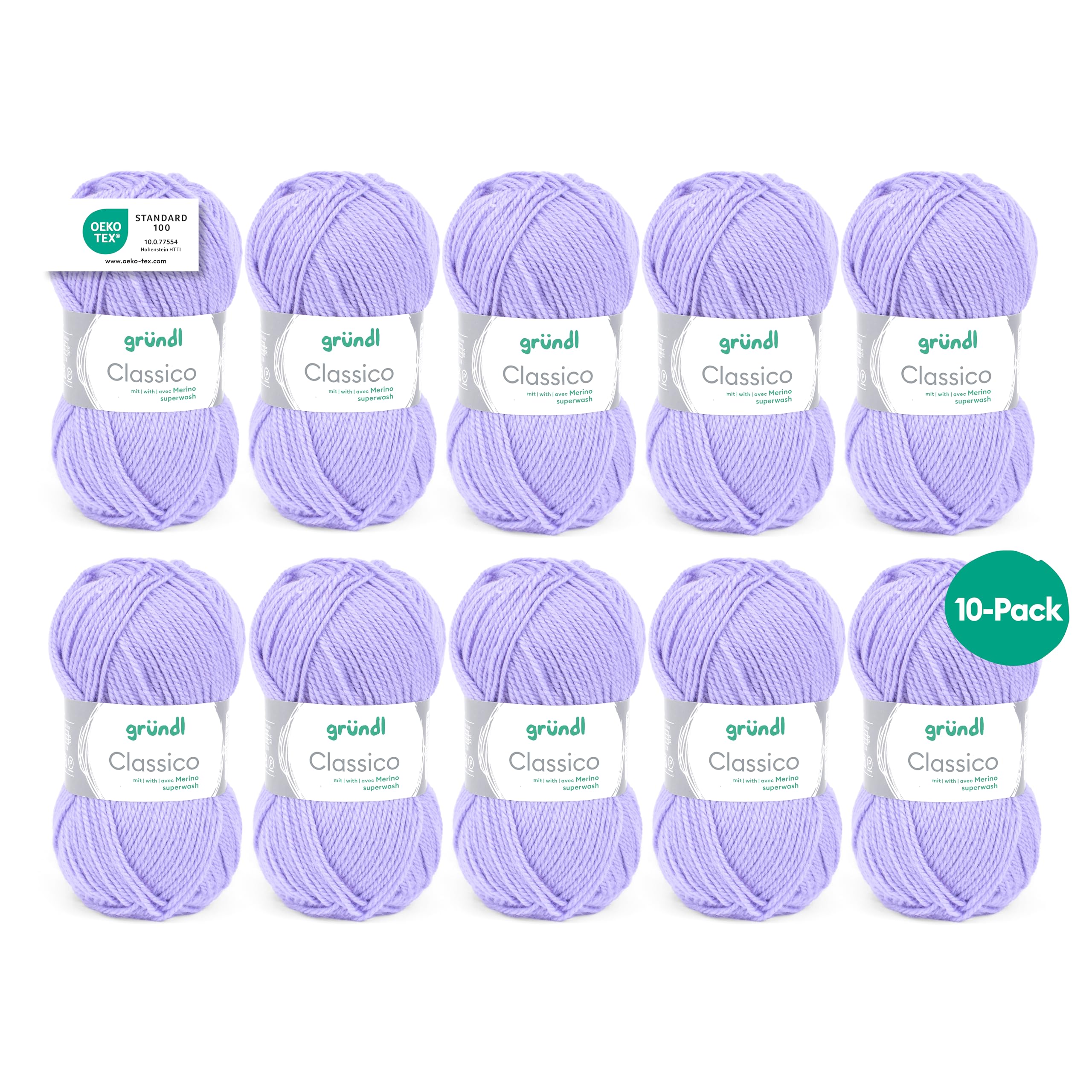 Gründl Classico Wolle (Oeko-TEX® Certified Knitting/Crochet Yarn Made of 50% Pure New Wool (Merino Superwash) & 50% polyacrylic, 50 g/120 m, Needle Size: 3.5-4.5, 10 Balls á 50 g), Lilac