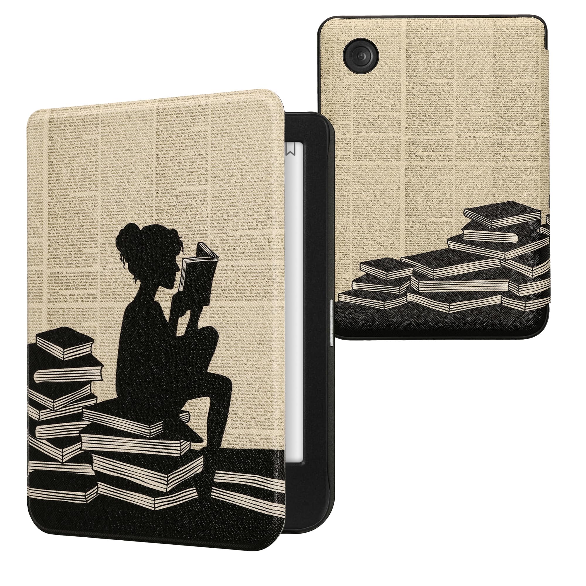 kwmobile Cover for Kobo Clara BW/Colour Case - eReader Cover with auto sleep funktion - Girl and Books with Black/Beige